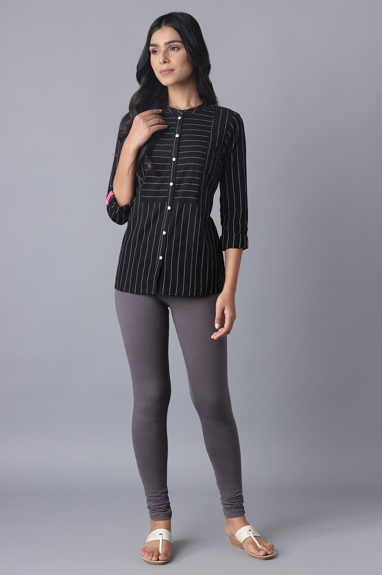 Grey Solid Skinny Fit Cotton Tights With Elasticated Waistband