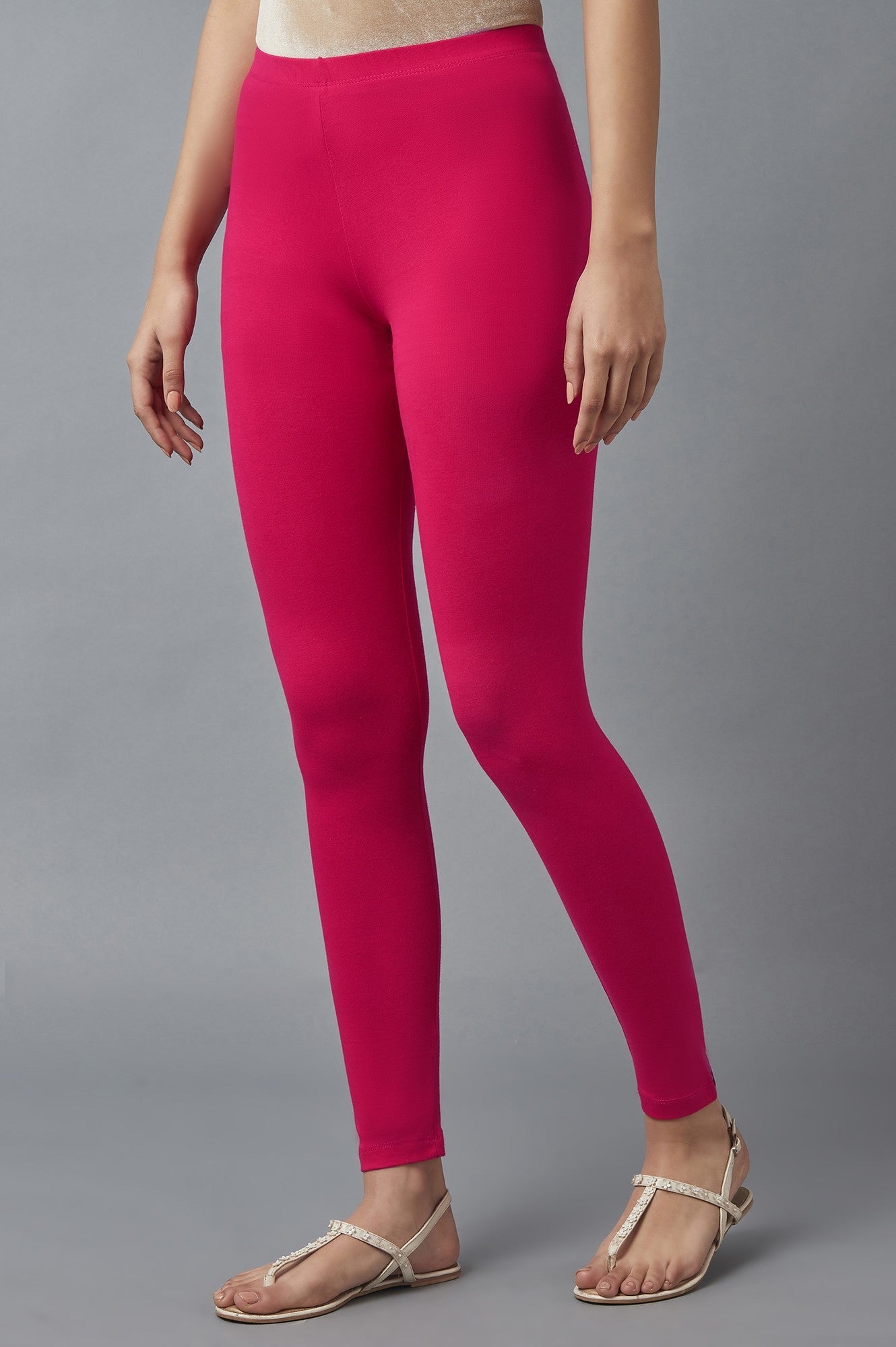 Pink Solid Skinny Fit Cotton Tights With Elasticated Waist