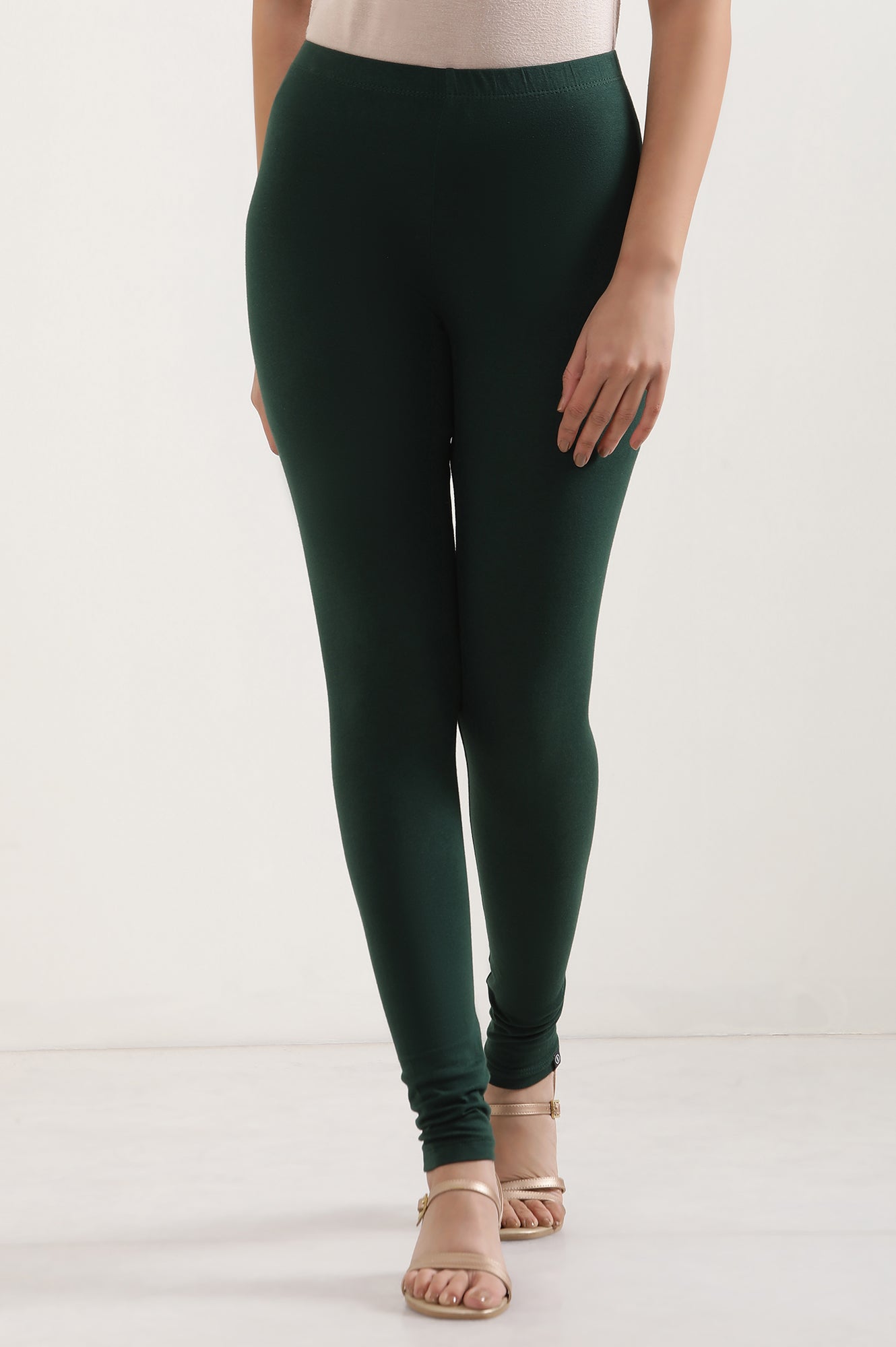 Green Solid Skinny Fit Cotton Tights With Elasticated Waist