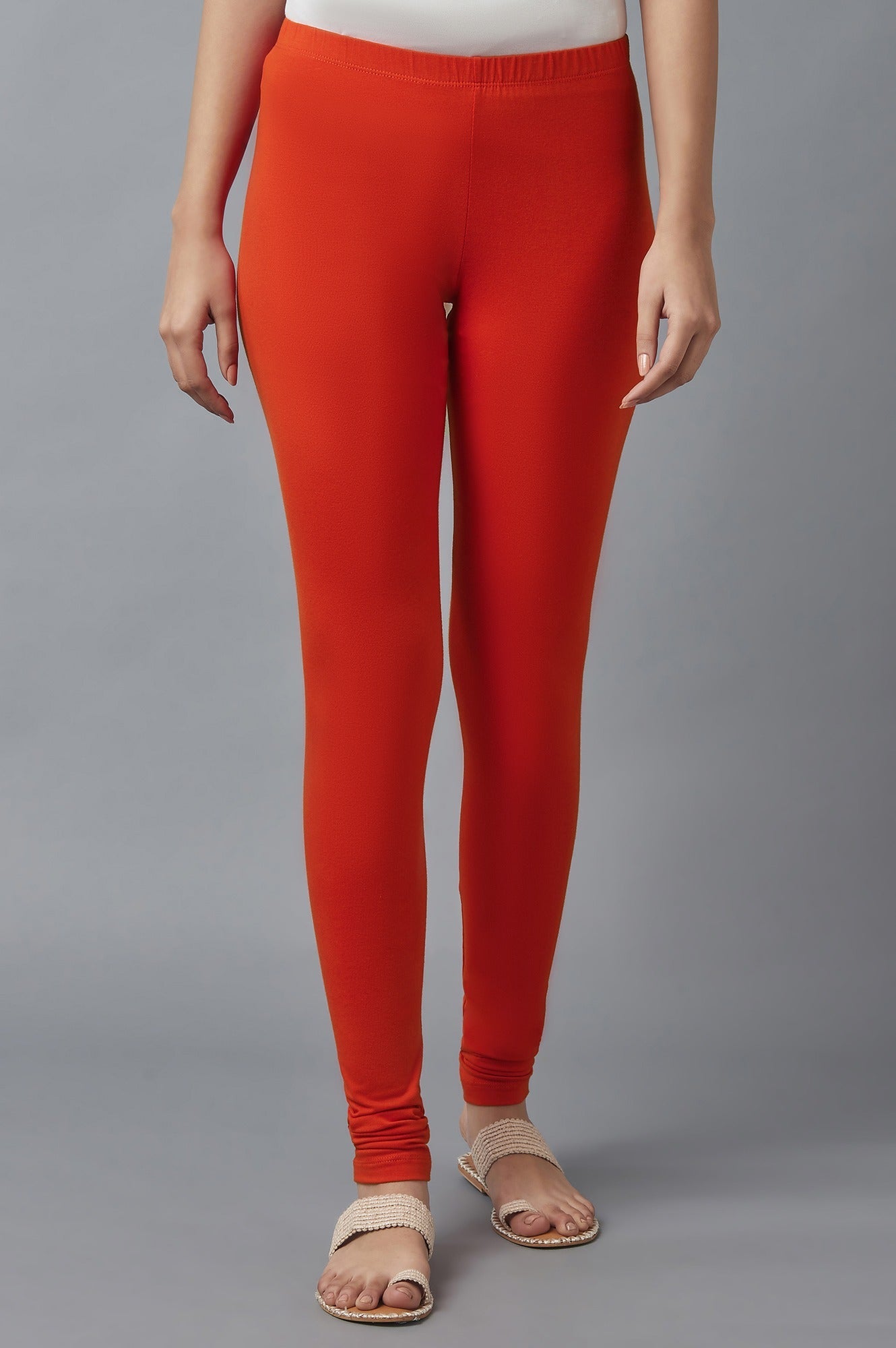 Red Solid Skinny Fit Cotton Tights With Elasticated Waist