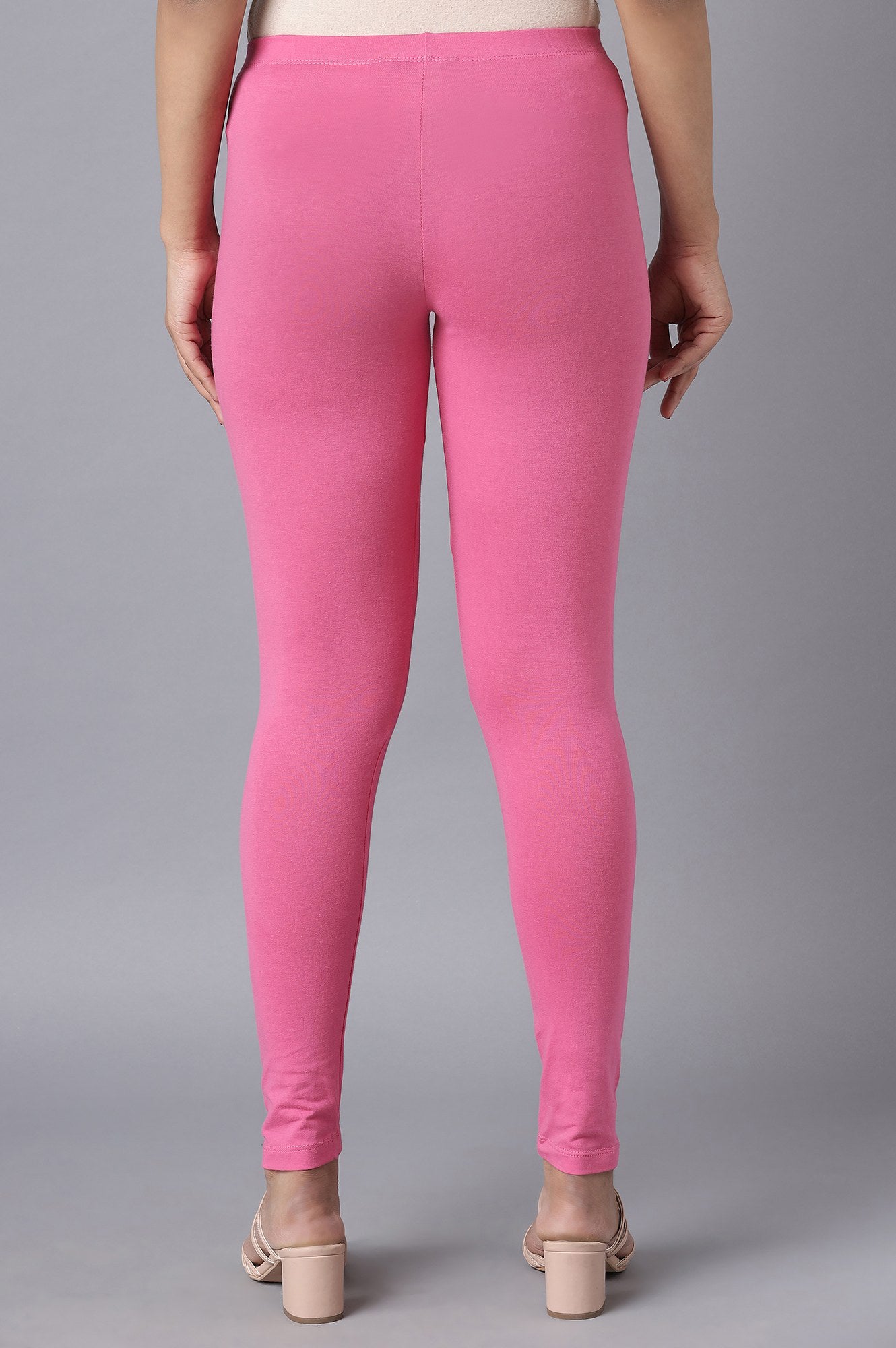 Pink Solid Skinny Fit Cotton Tights With Elasticated Waistband