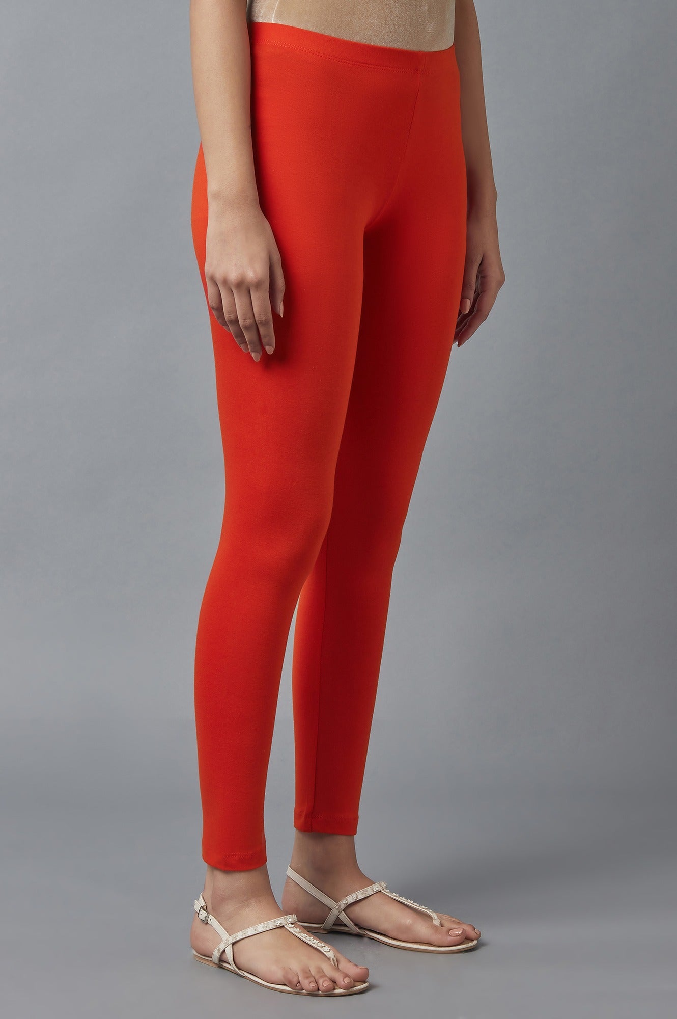 Orange Solid Skinny Fit Cotton Tights With Elasticated Waist