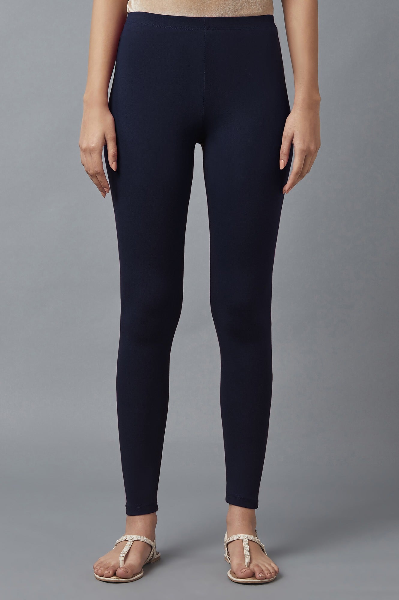 Navy Blue Solid Skinny Fit Cotton Tights With Elasticated Waist