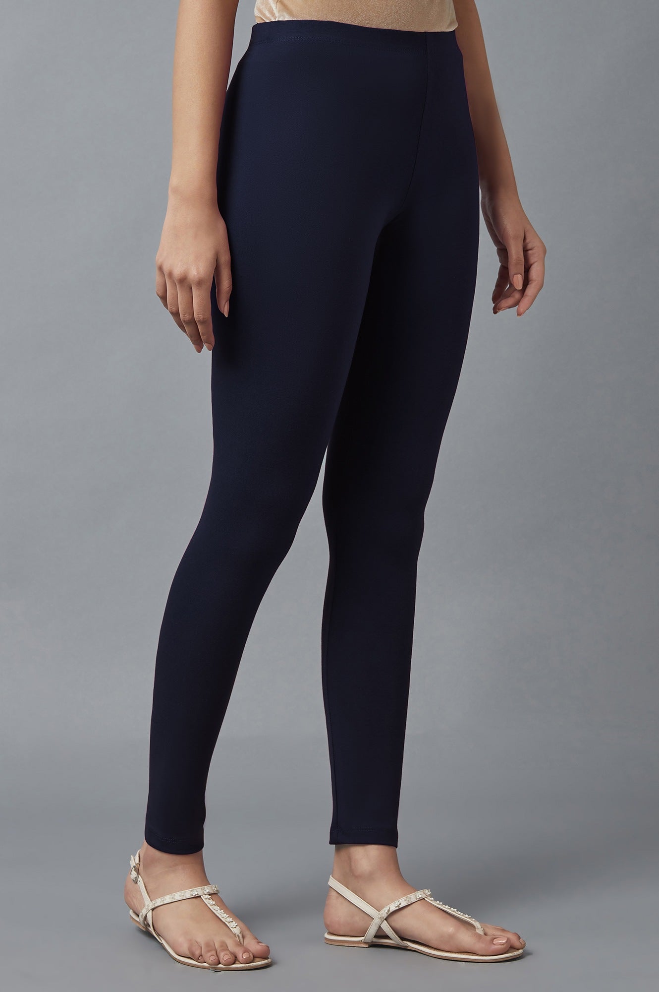 Navy Blue Solid Skinny Fit Cotton Tights With Elasticated Waist