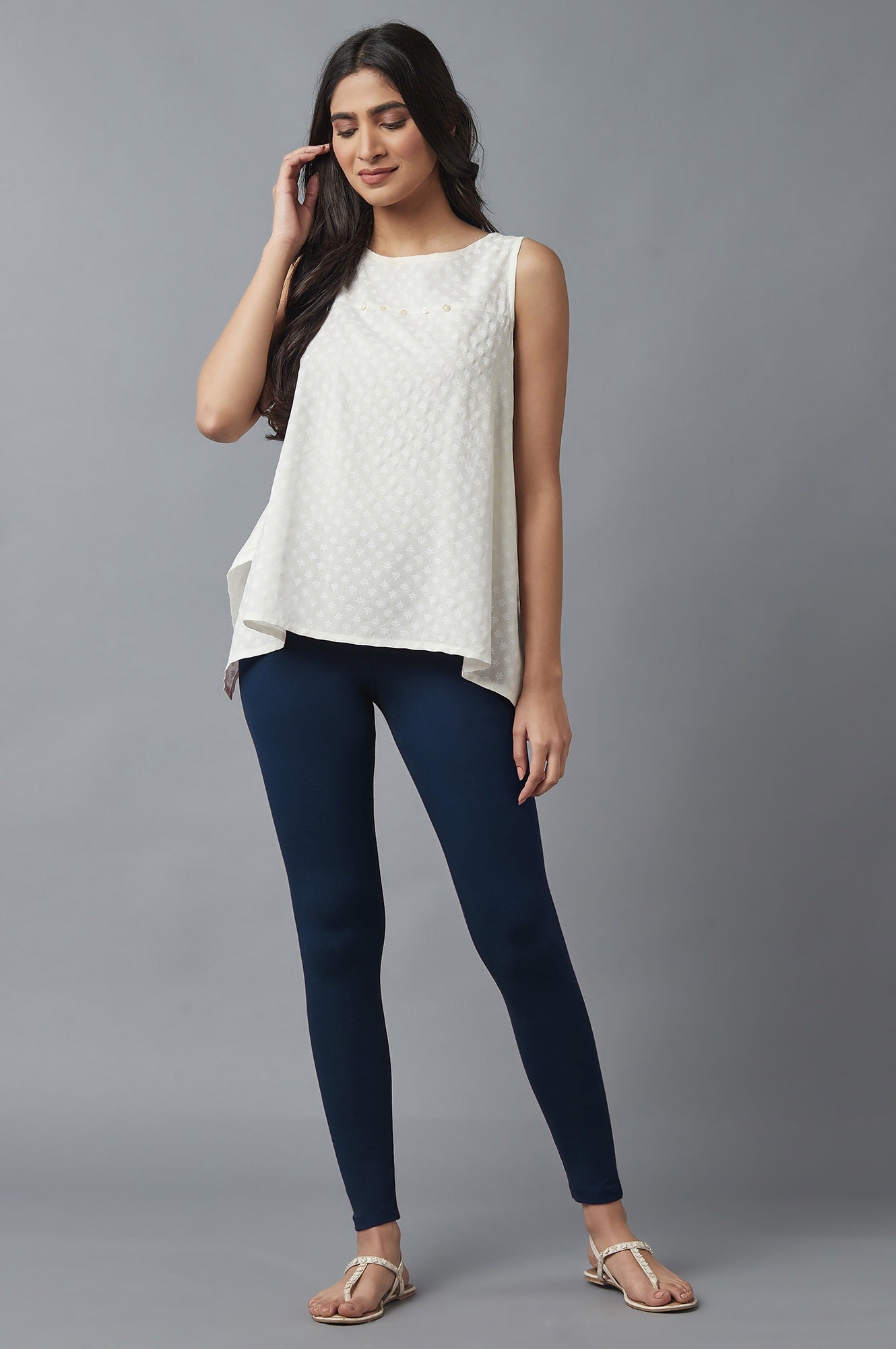 Navy Blue Solid Skinny Fit Cotton Tights With Elasticated Waist