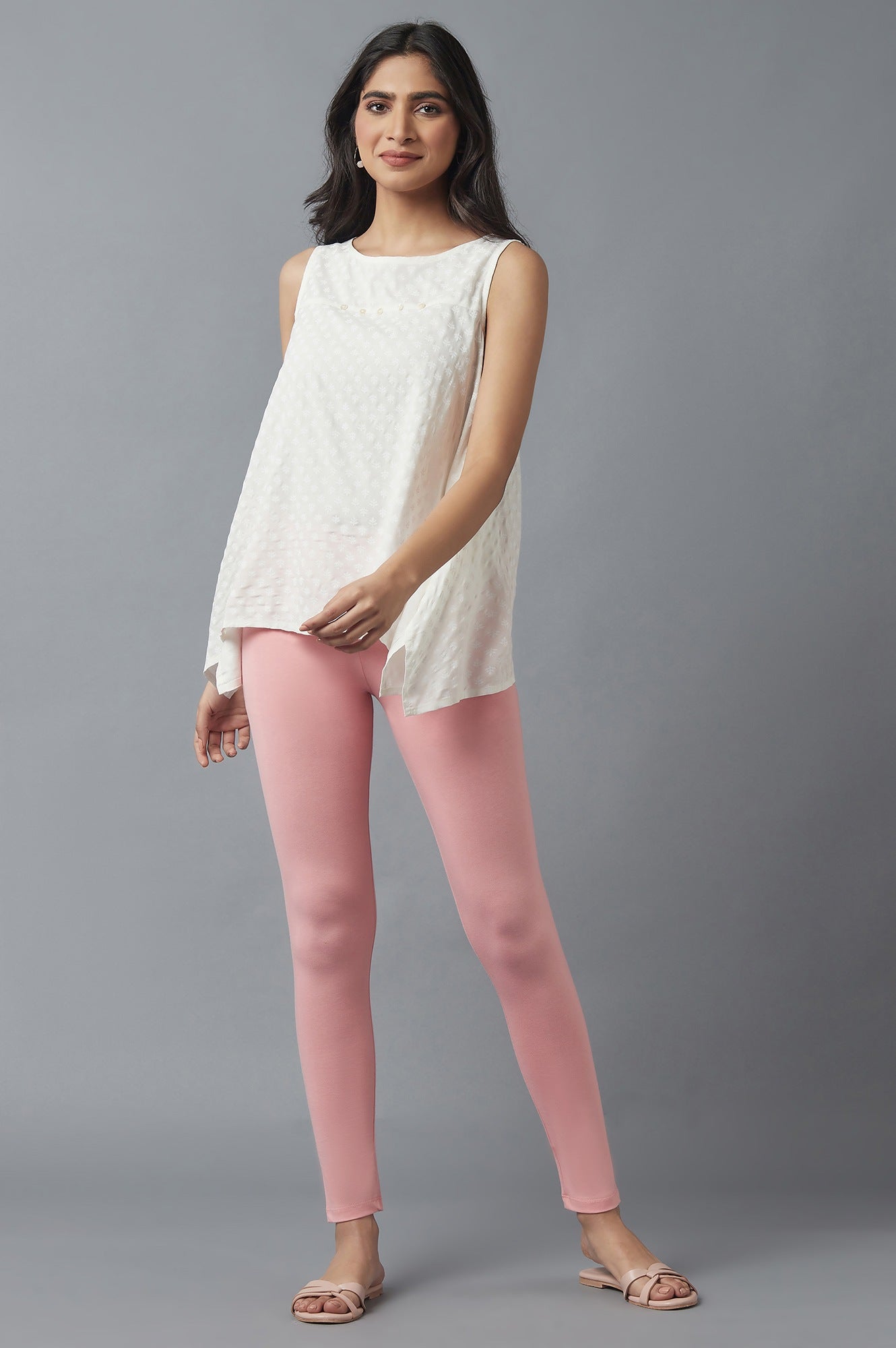 Pink Solid Skinny Fit Cotton Tights With Elasticated Waist