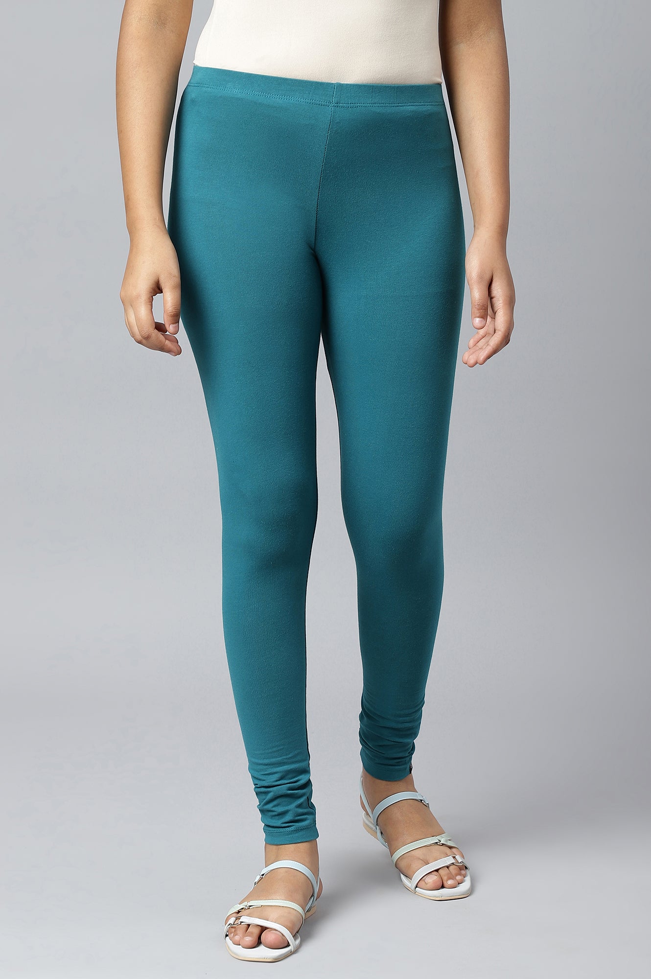 Teal Green Solid Skinny-fit Cotton Tights with Elasticated Waistband