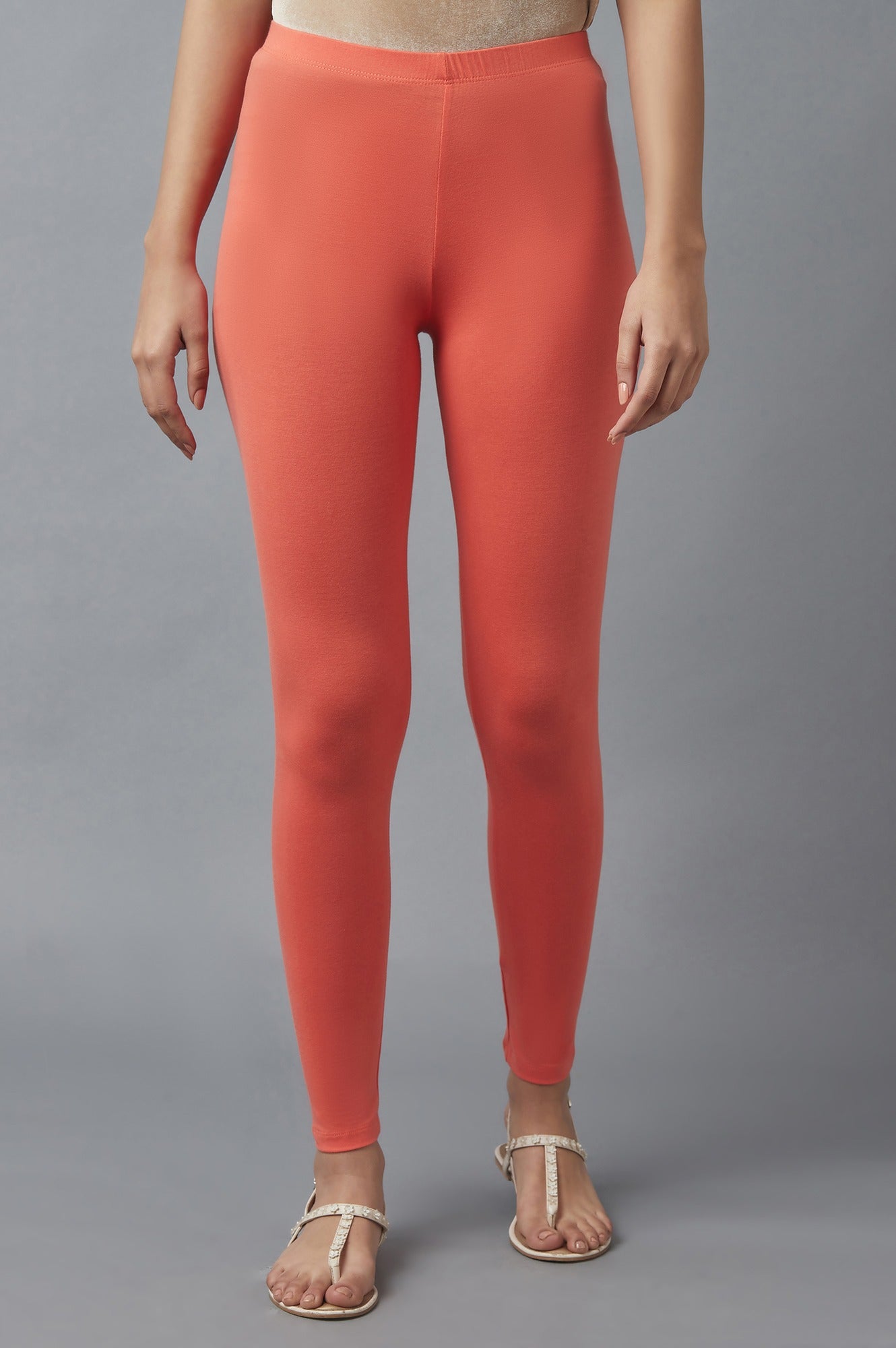 Peach Solid Skinny Fit Cotton Tights With Elasticated Waist