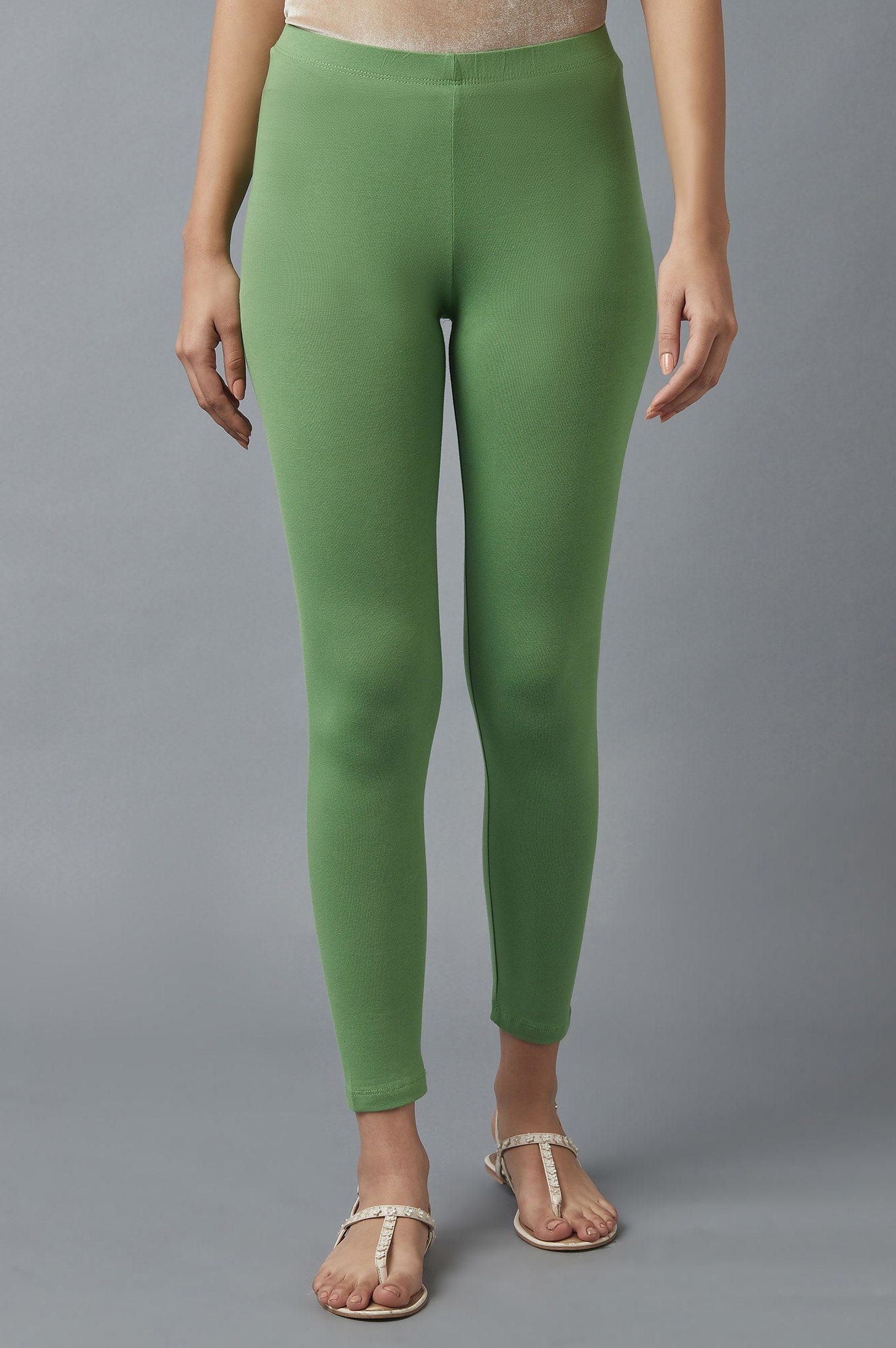 Green Solid Skinny Cotton Tights With Elasticated Waist