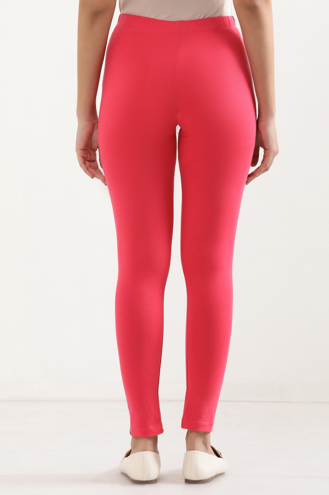Pink Solid Skinny Fit Cotton Tights With Elasticated Waist