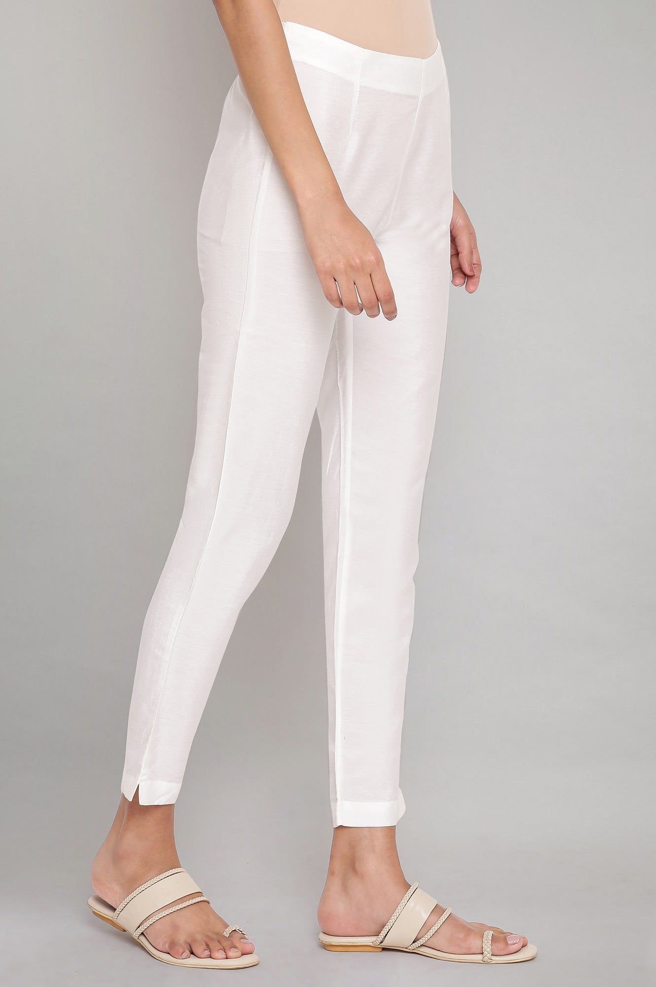 White Solid Plain Straight Cotton Slim Pant