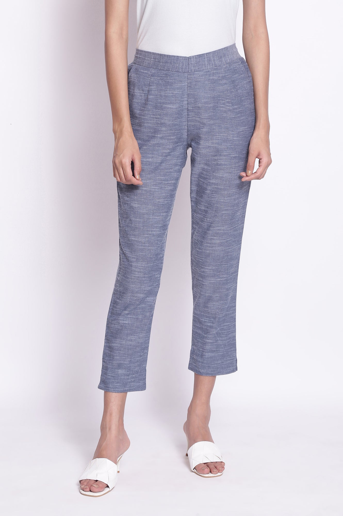 Blue Solid Straight-fit Cotton Pants with Elasticated Waistband