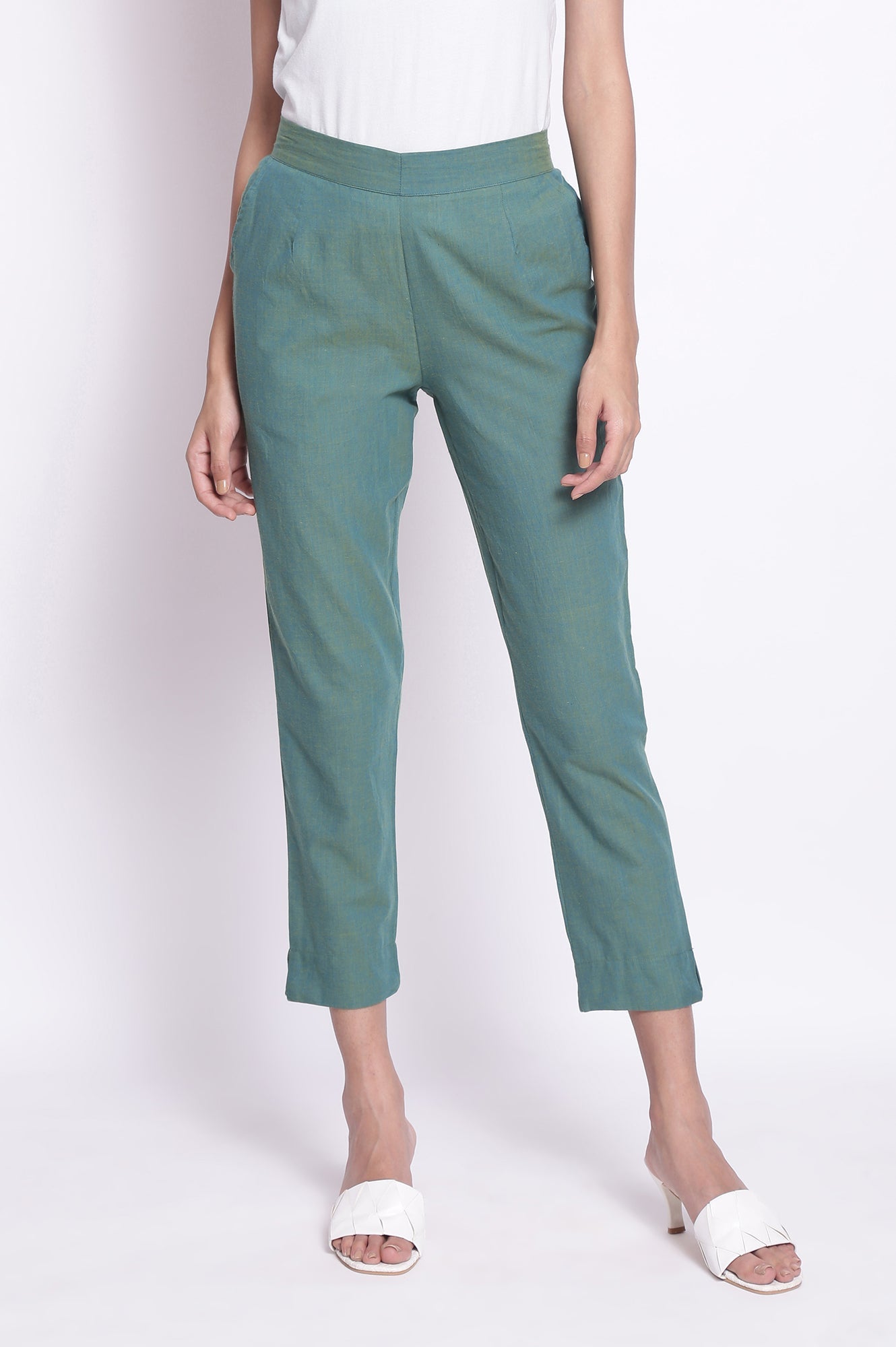 Muted Sage Green Solid Straight Fit Cotton Pants With Elasticated Waistband