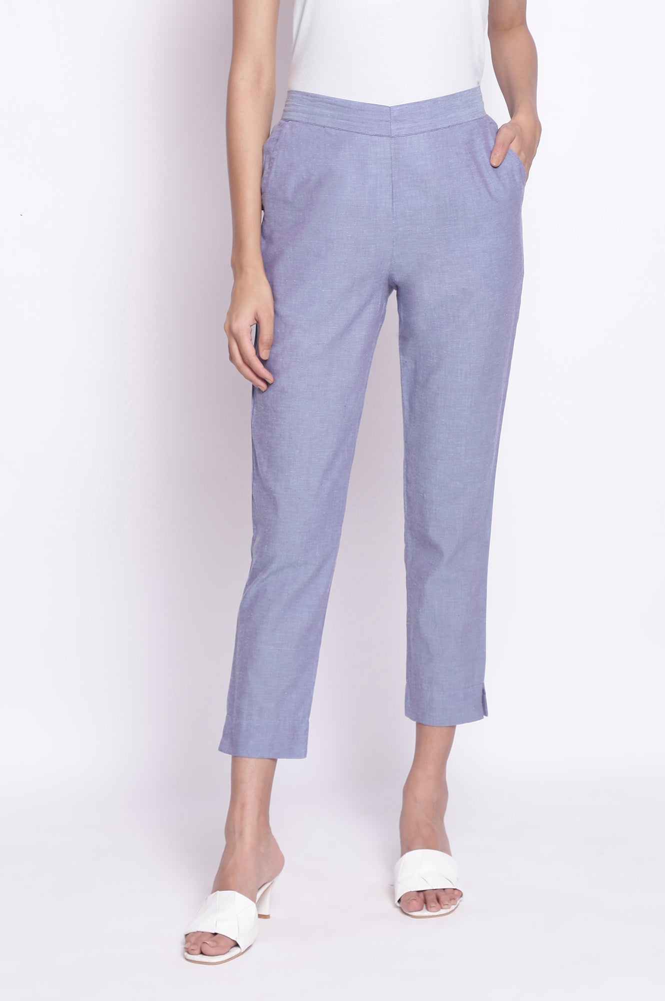 Lilac Solid Straight-fit Cotton Pants with Elasticated Waistband