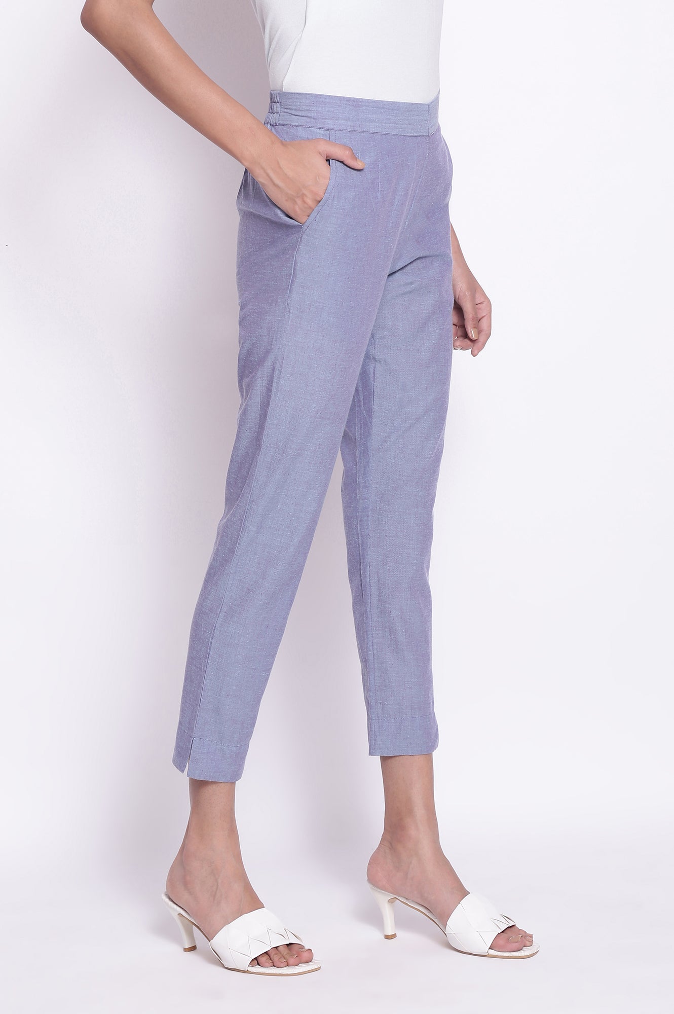 Lilac Solid Straight-fit Cotton Pants with Elasticated Waistband