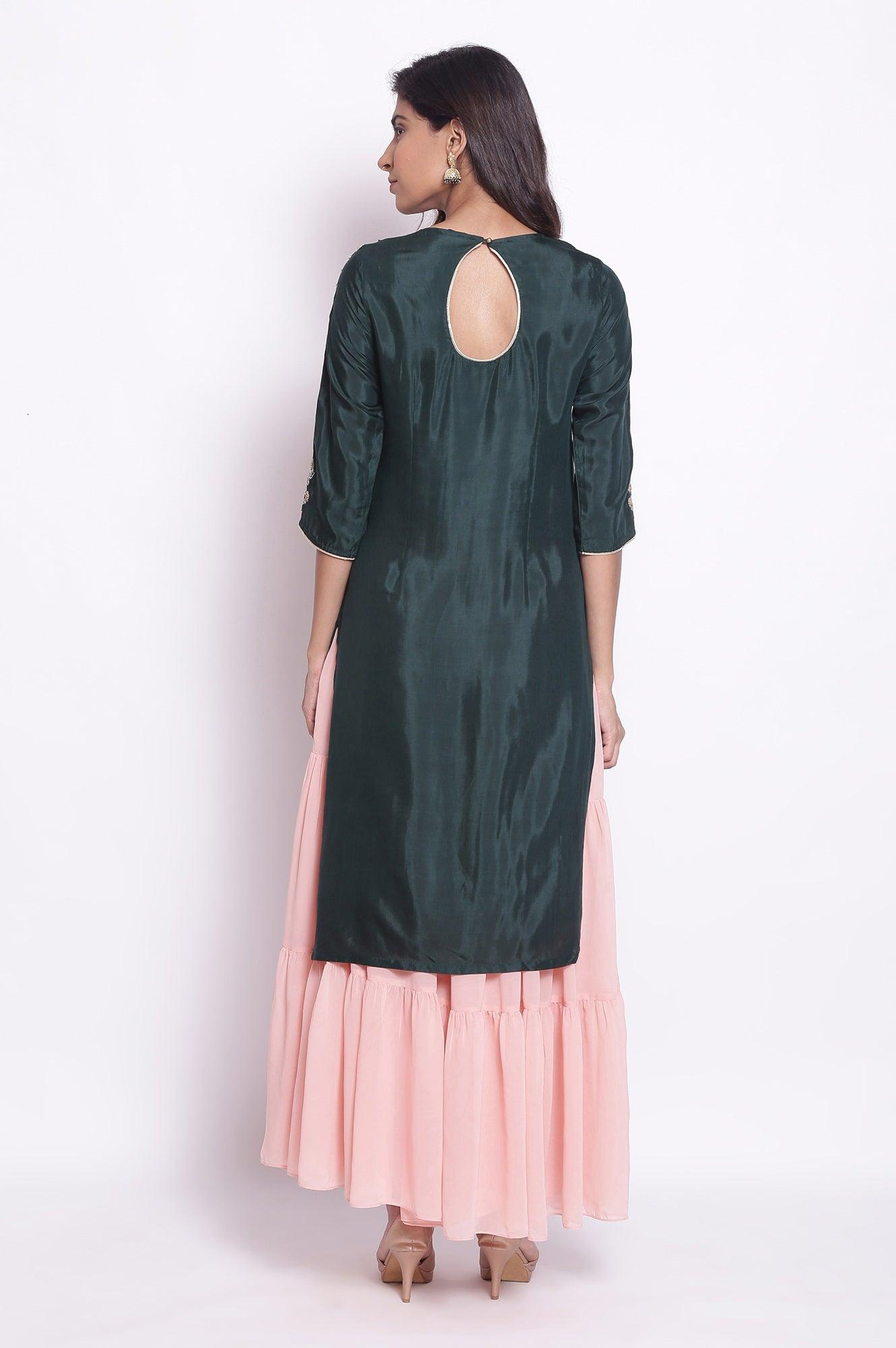 Dark Teal kurta with Embroidered Neck - wforwoman