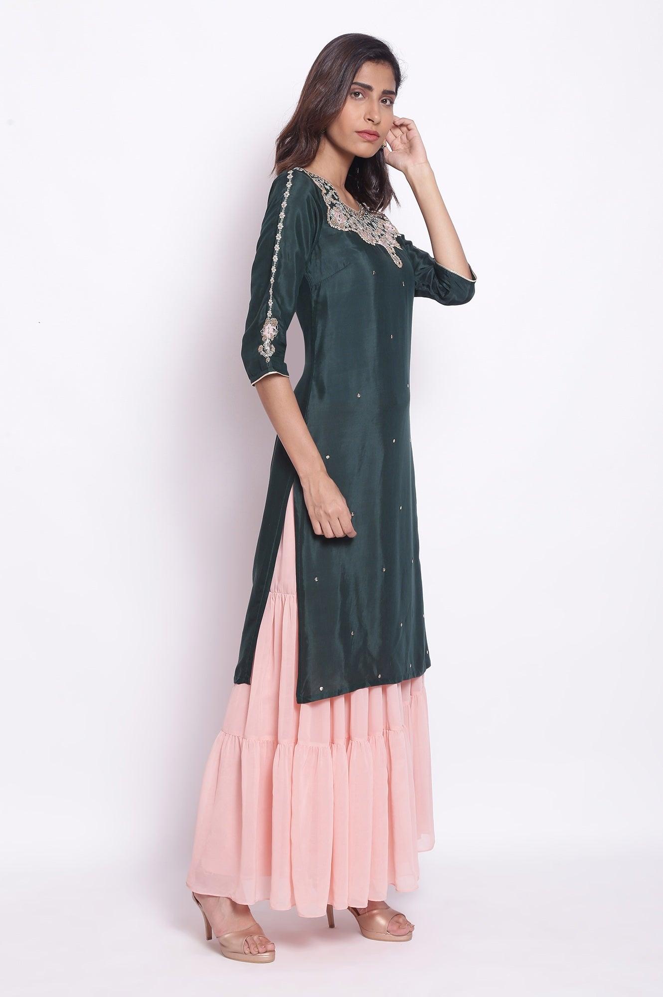 Dark Teal kurta with Embroidered Neck - wforwoman