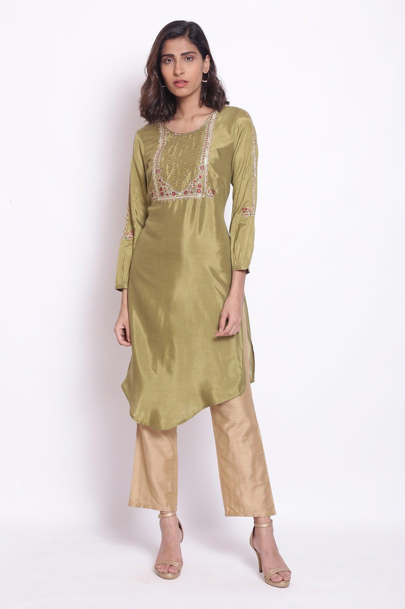 Olive Green Embroidered kurta - wforwoman