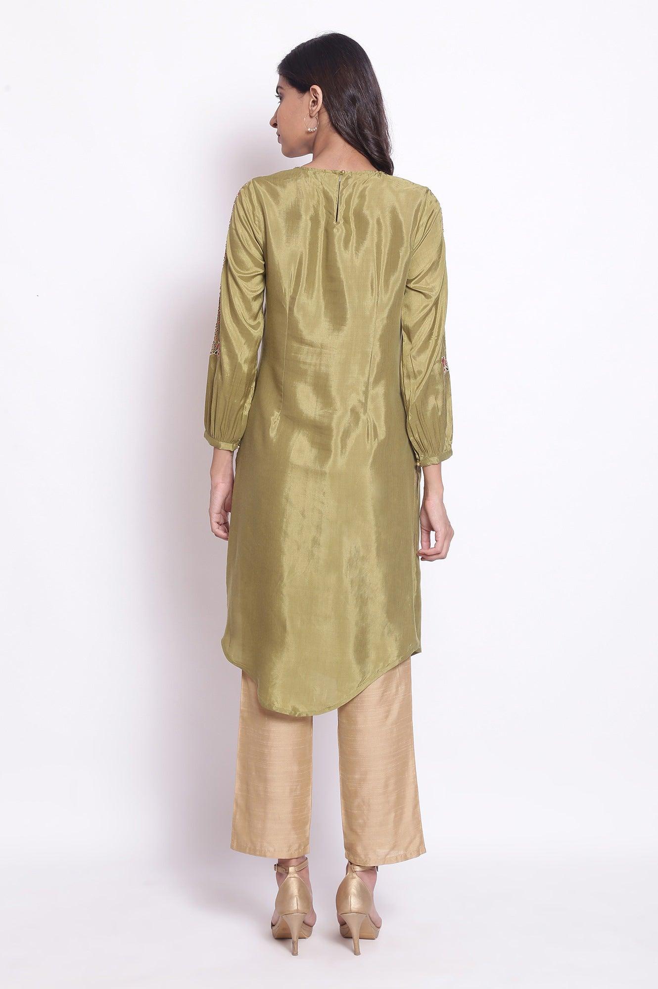 Olive Green Embroidered kurta - wforwoman