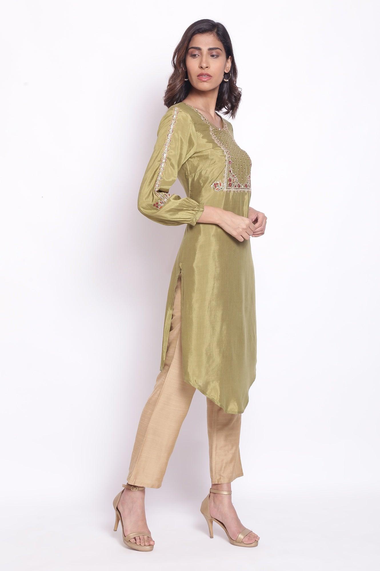 Olive Green Embroidered kurta - wforwoman