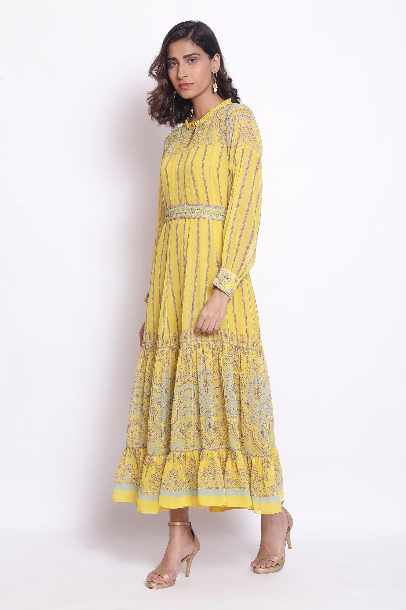 Yellow Maxi Dress With Embroidered Belt - wforwoman
