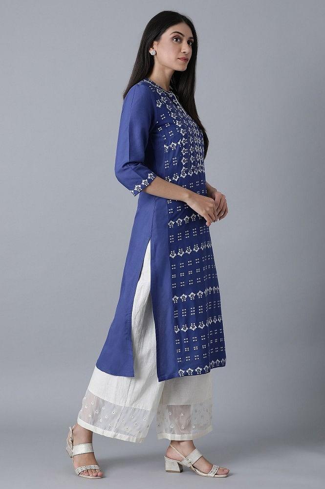 Blue Glitter Printed Straight kurta - wforwoman