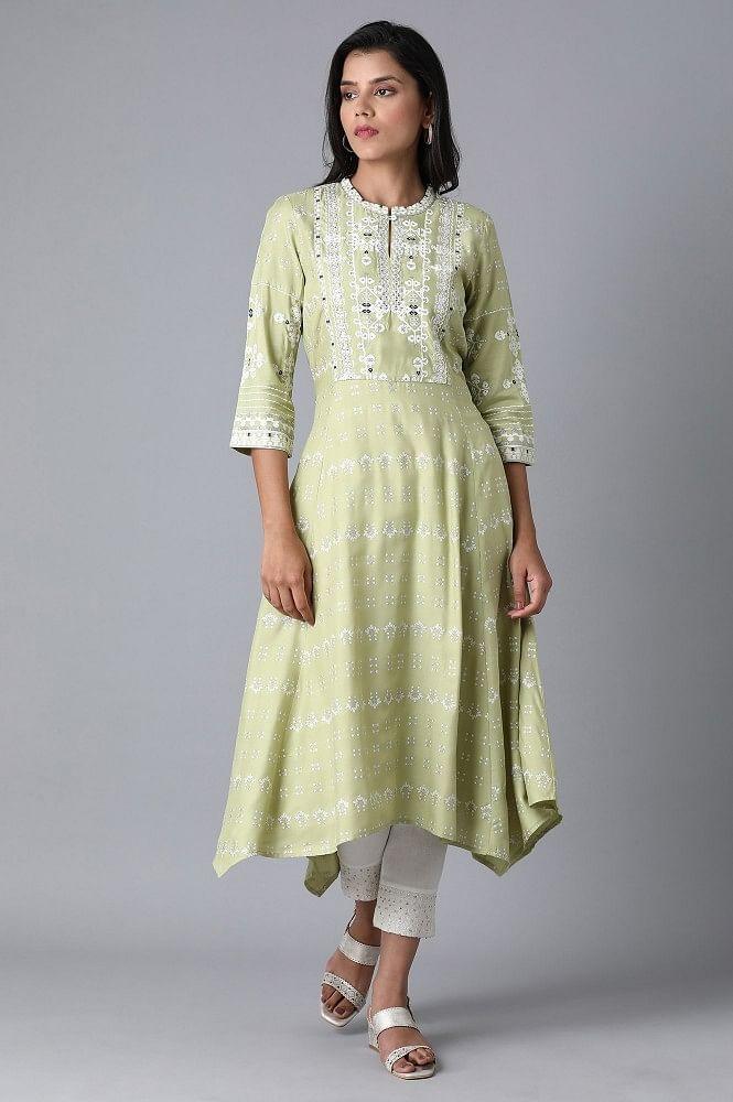 Green Asymmetric Flared kurta - wforwoman