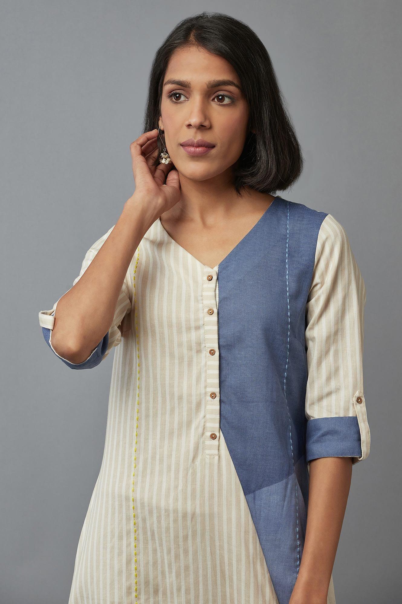 Beige Striped kurta - wforwoman