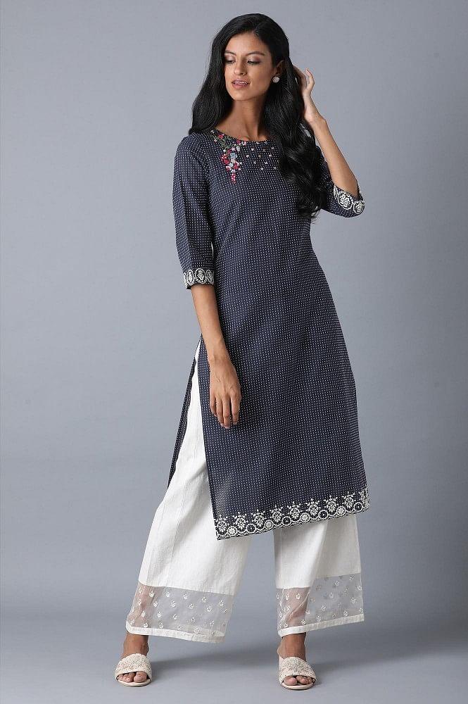 Blue Embroidered Yard Dyed kurta - wforwoman