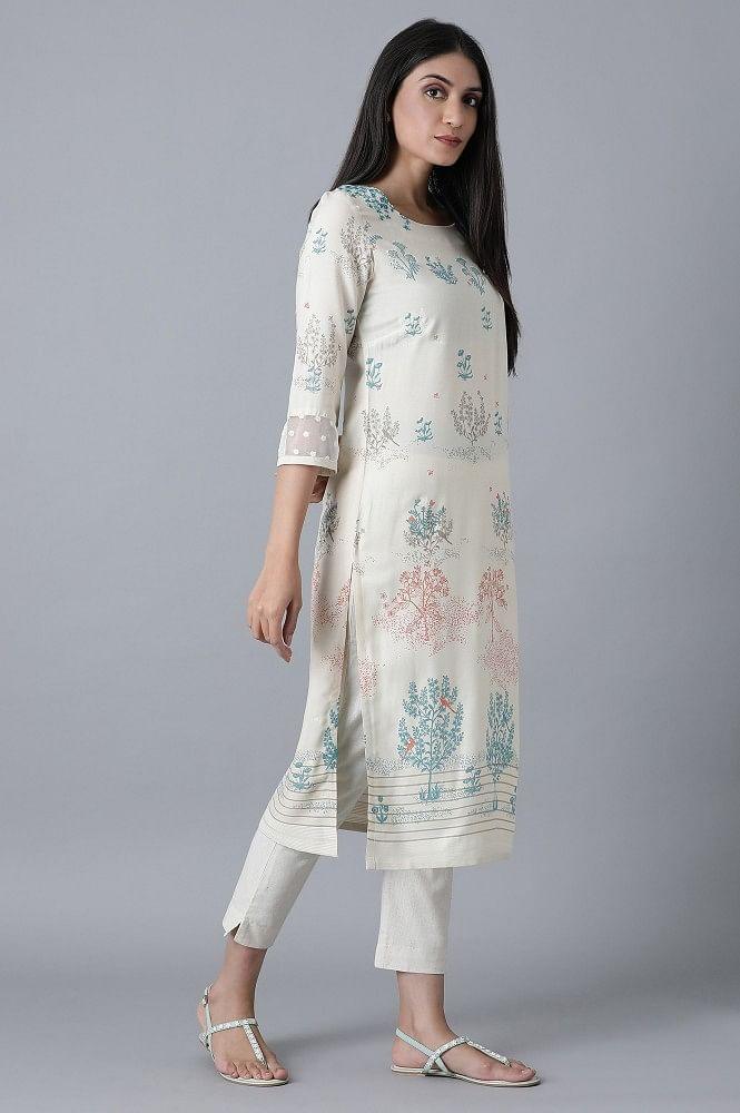 Ecru Placement Print kurta - wforwoman