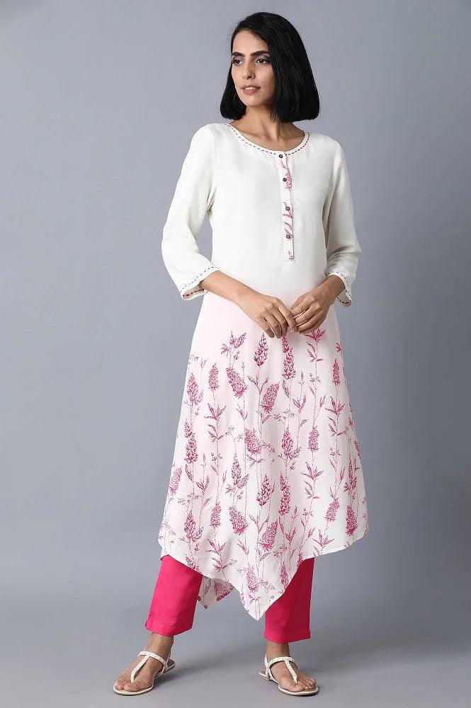 Ecru Printed Asymetric kurta - wforwoman