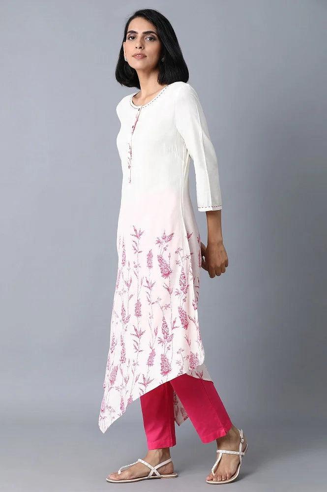 Ecru Printed Asymetric kurta - wforwoman