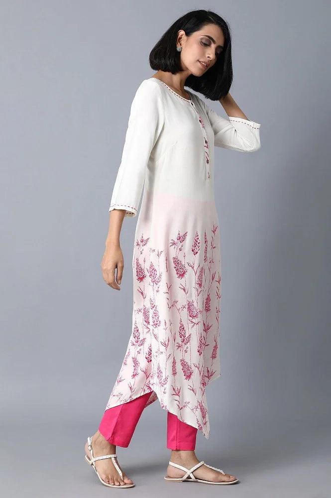 Ecru Printed Asymetric kurta - wforwoman