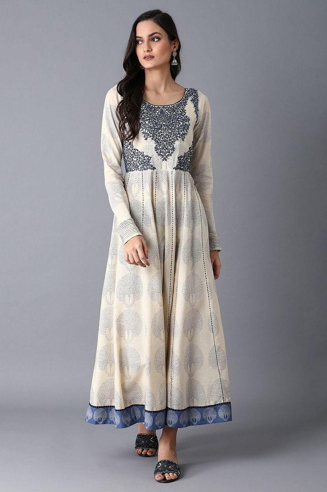 Ecru Printed Kalidar Dress - wforwoman