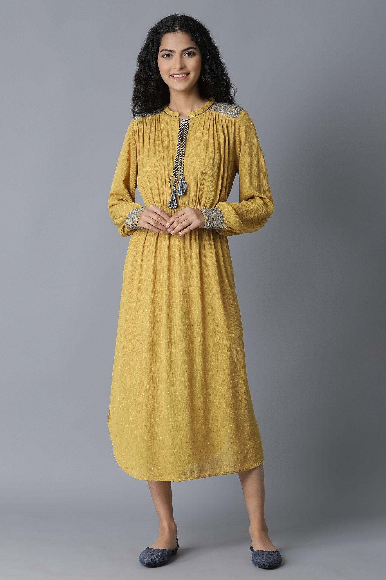 Mustard Yellow Gathered Dress - wforwoman