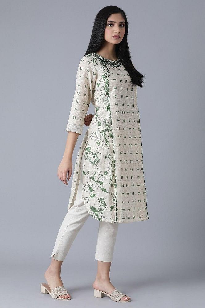 Ecru Embroidered Printed kurta - wforwoman