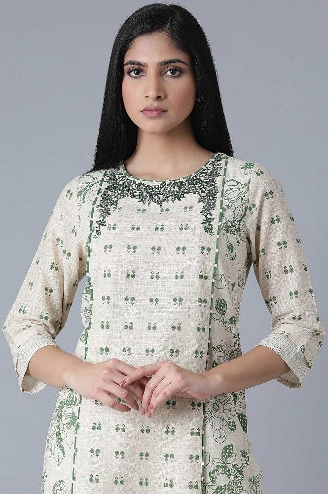 Ecru Embroidered Printed kurta - wforwoman