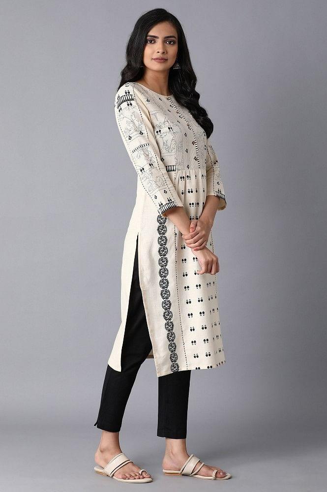 Ecru Printed Gathered kurta - wforwoman