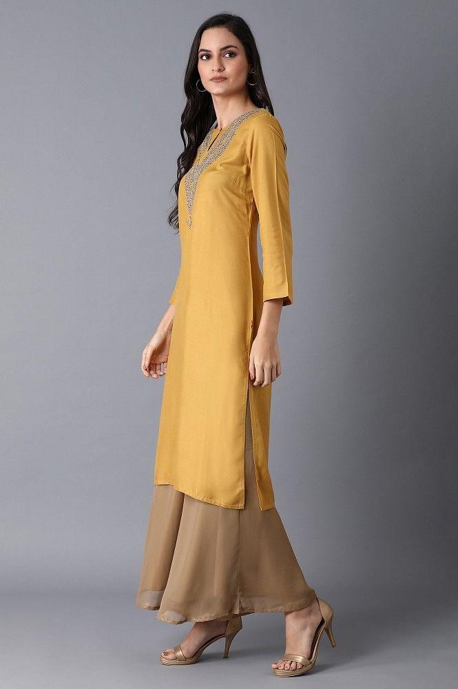 Yellow Straight Embroidered kurta - wforwoman
