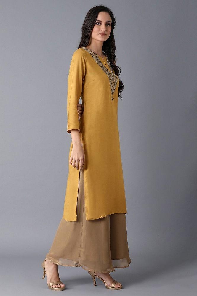 Yellow Straight Embroidered kurta - wforwoman
