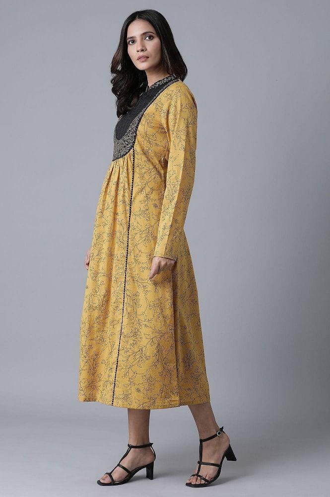 Yellow Embroidered and Printed Dress - wforwoman