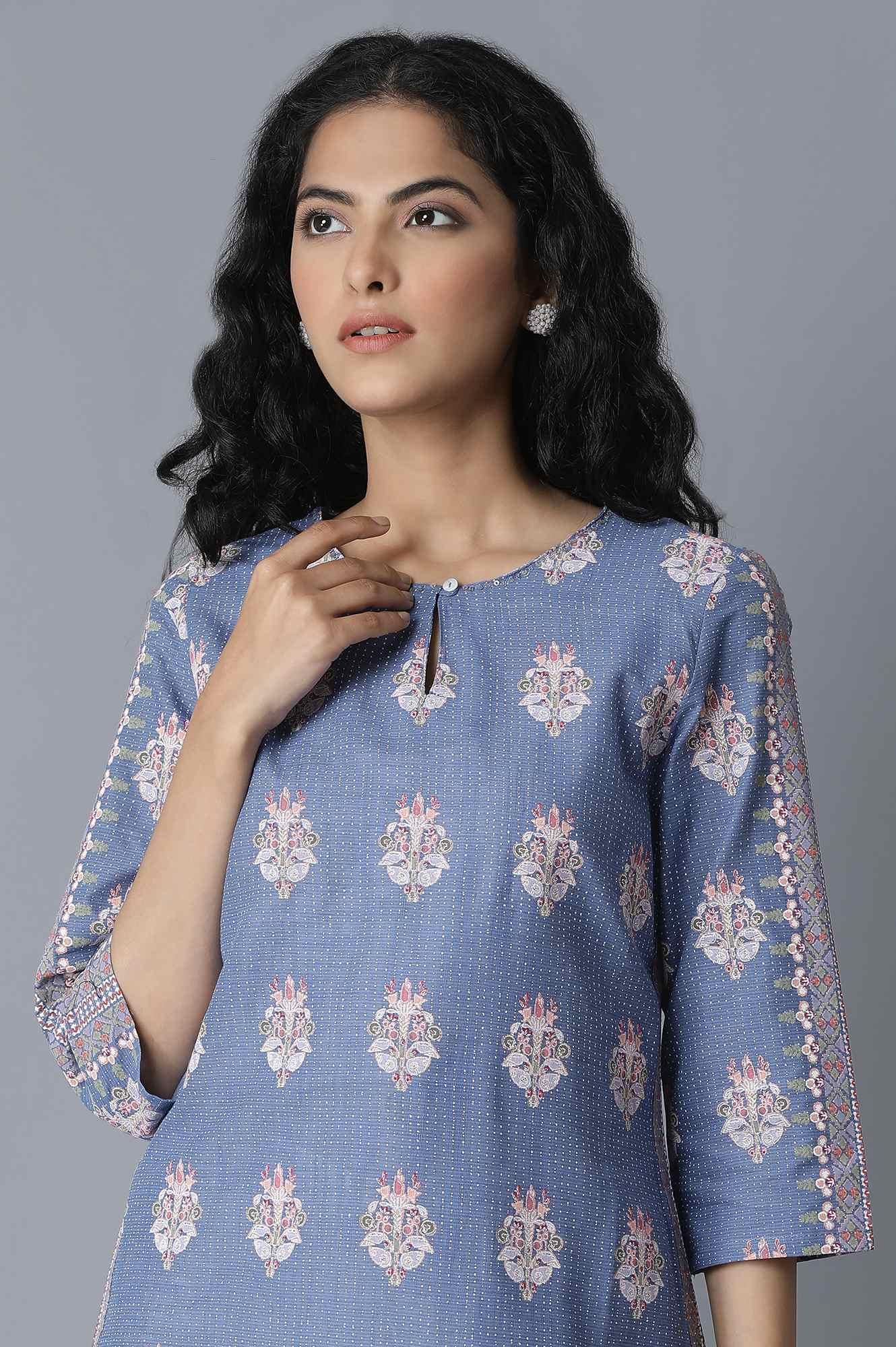 Colony Blue Floral Printed Straight kurta - wforwoman