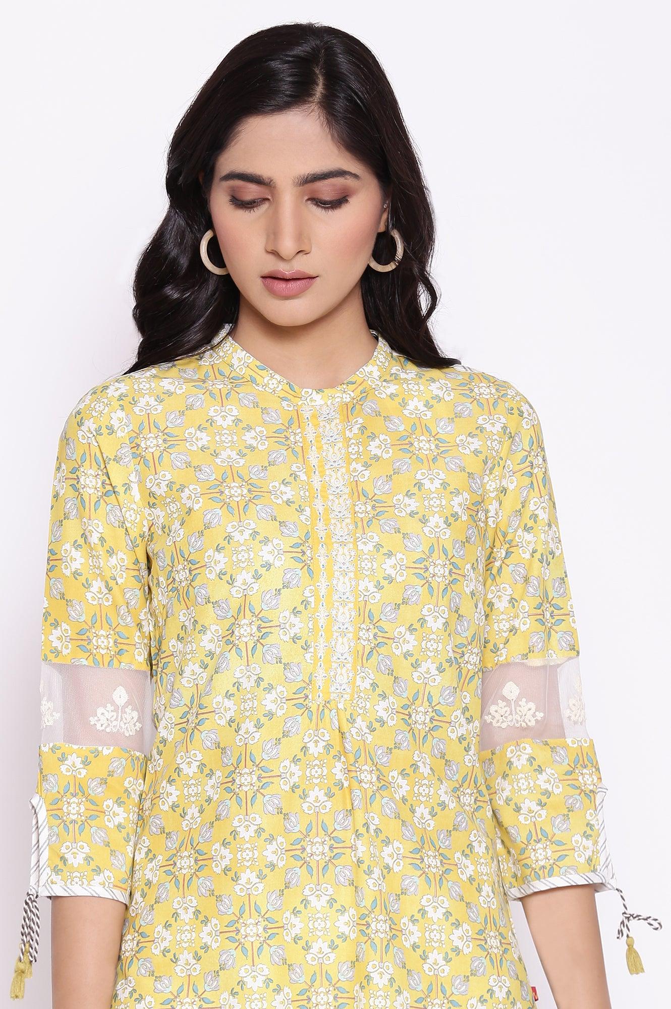 Misted Yellow kurta with Embroidery - wforwoman