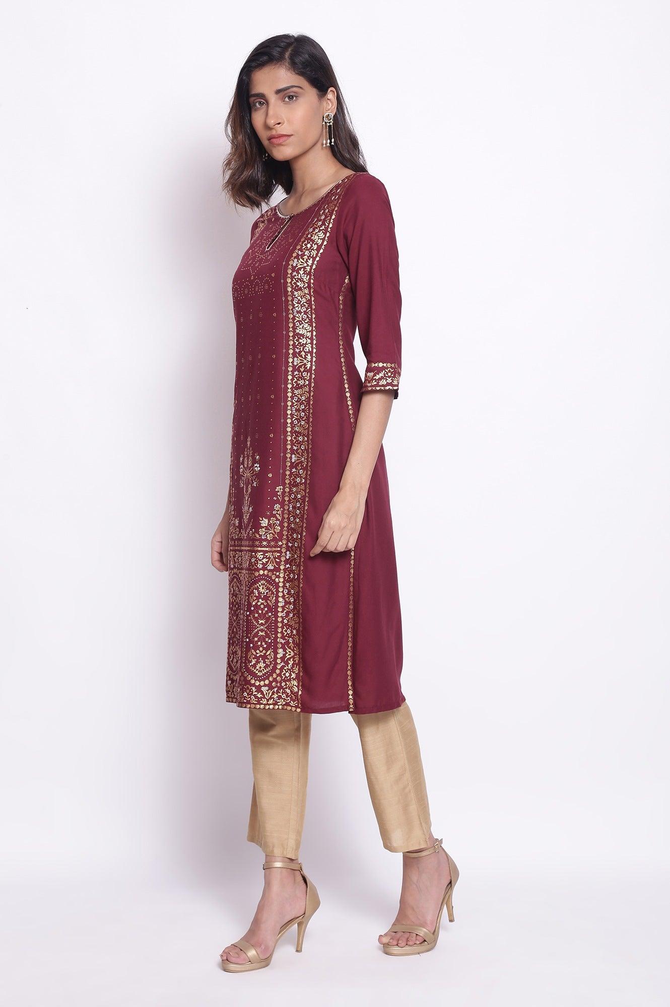 Purple Straight Foil Print kurta - wforwoman