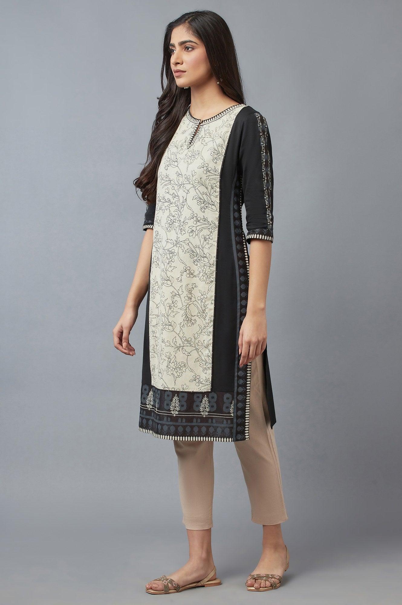 Ecru and Black Printed kurta - wforwoman