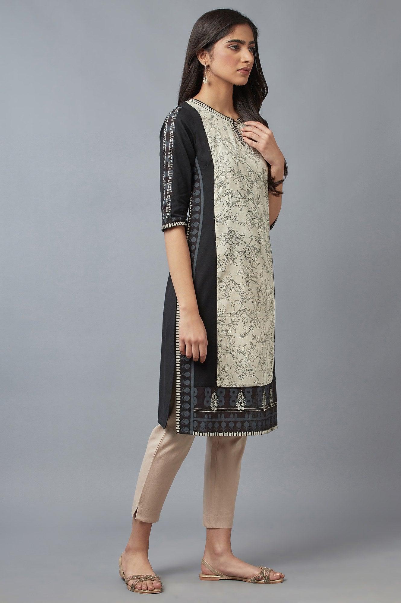 Ecru and Black Printed kurta - wforwoman