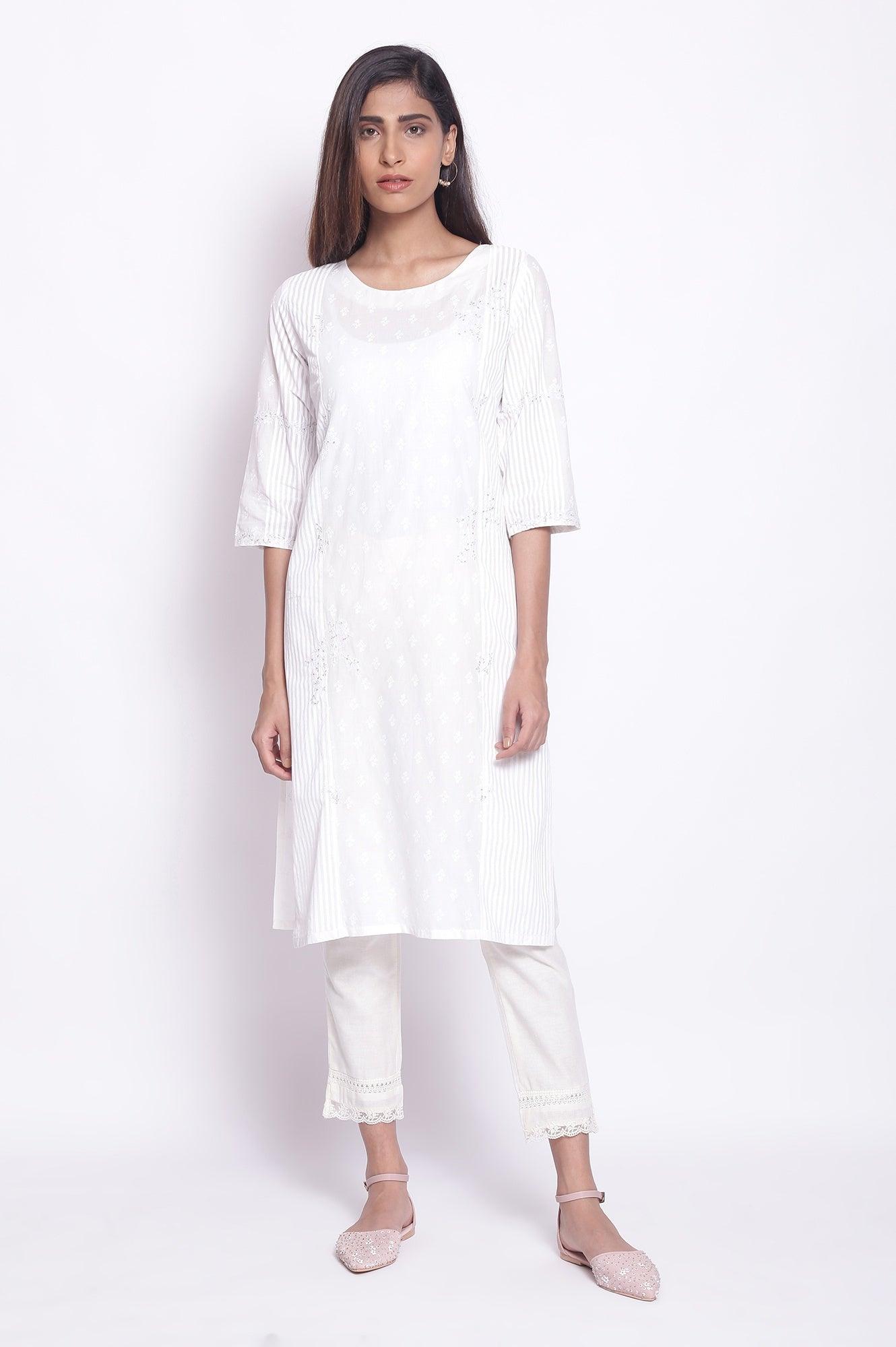 Ecru Stripe & Floral Print kurta - wforwoman
