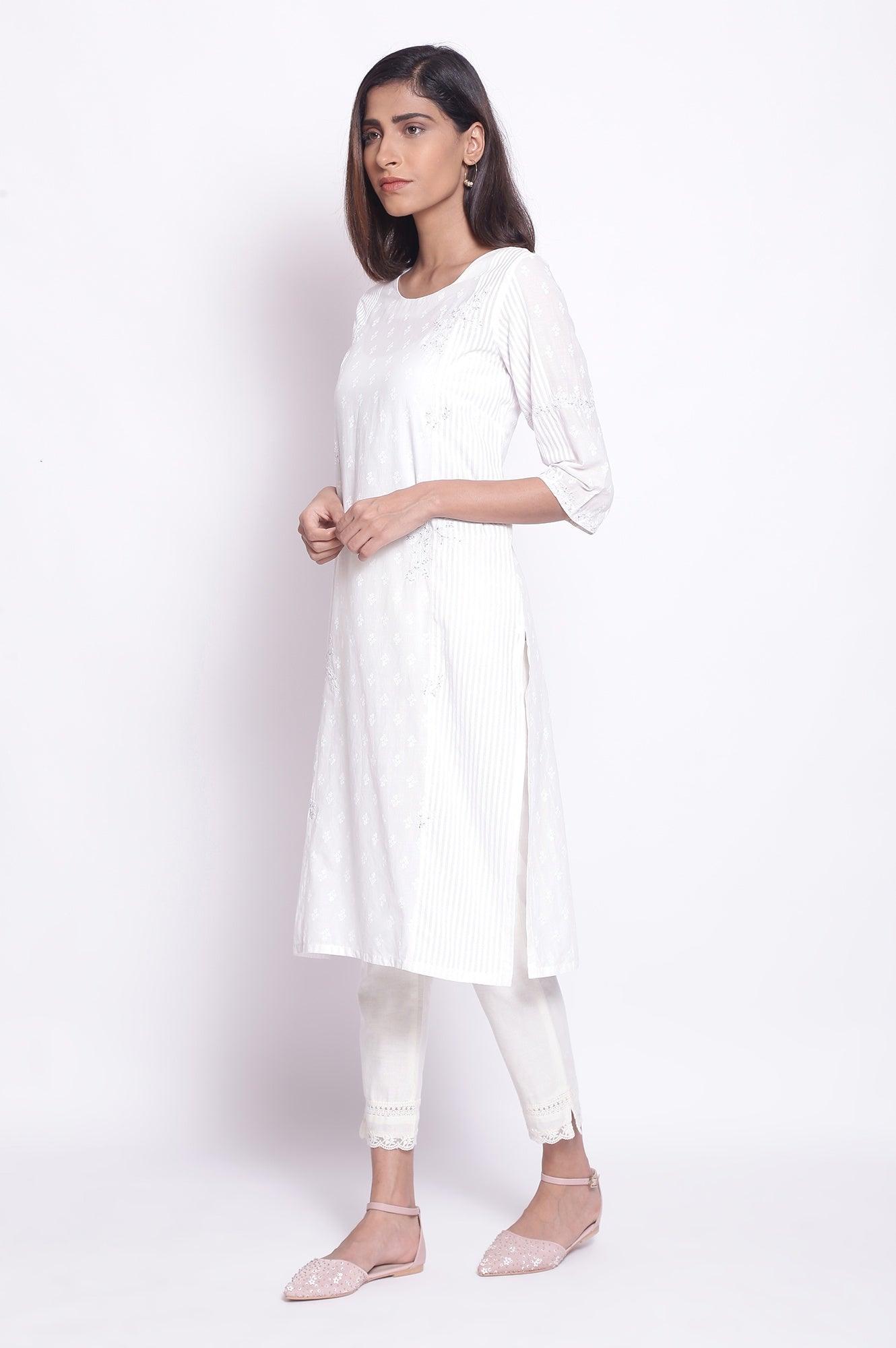 Ecru Stripe & Floral Print kurta - wforwoman
