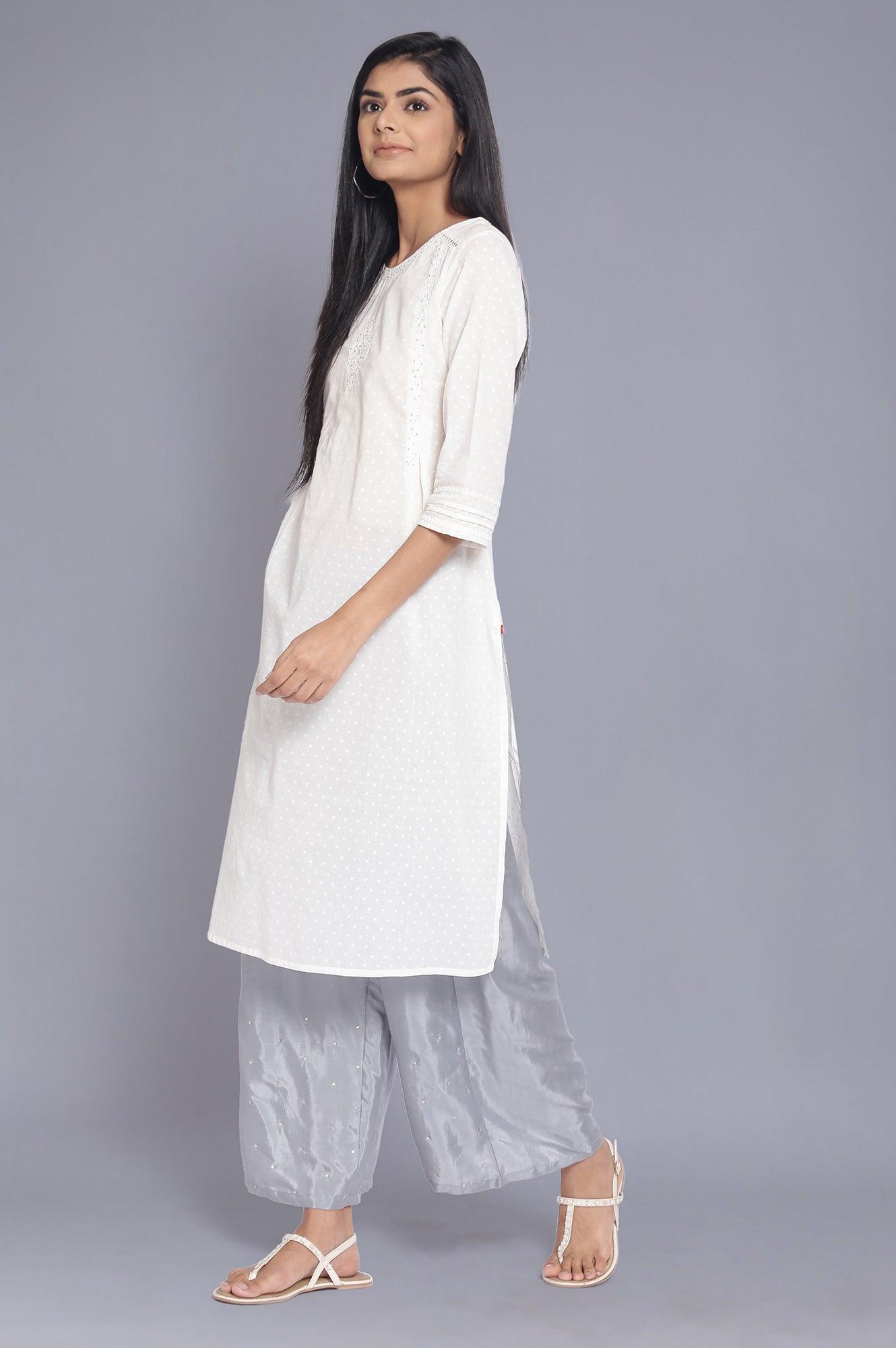 Ecru All-Over Print Flared kurta - wforwoman