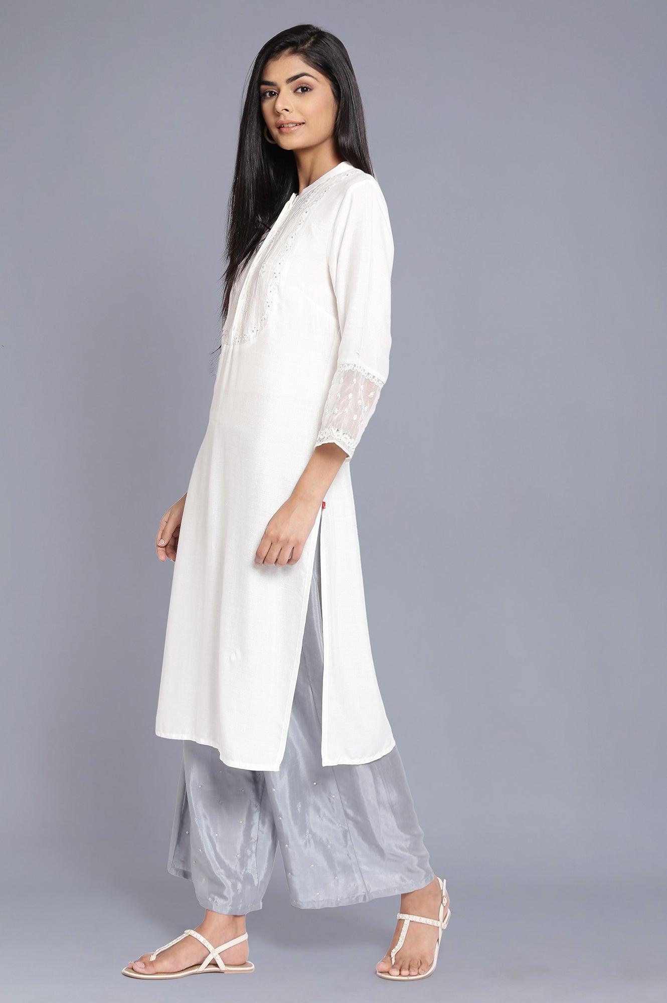 Ecru Stripe Embroidered Yoke kurta - wforwoman